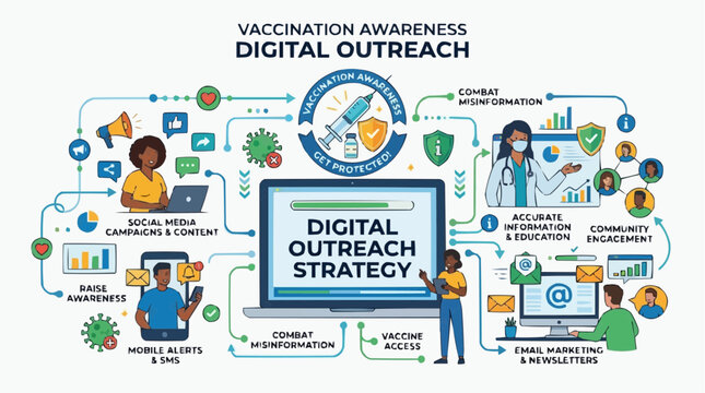 Vaccination Awareness Digital Outreach: A vibrant digital illustration depicts a comprehensive strategy for vaccination awareness and outreach.
