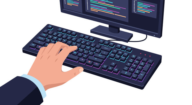 Software Developer Coding on Mechanical RGB Keyboard with Computer Screen Illustration