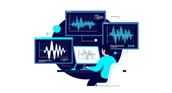 Professional Audio Engineer or Sound Designer Working on Digital Music Production and Frequency Analysis with Multiple Monitors Flat Vector Illustration