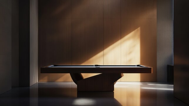 Modern billiard room with a contemporary wooden pool table in a sophisticated space bathed in natural light.