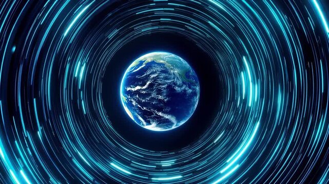 A digital Earth rotates inside a vortex of light, symbolizing a global data network and creating a futuristic technology background.