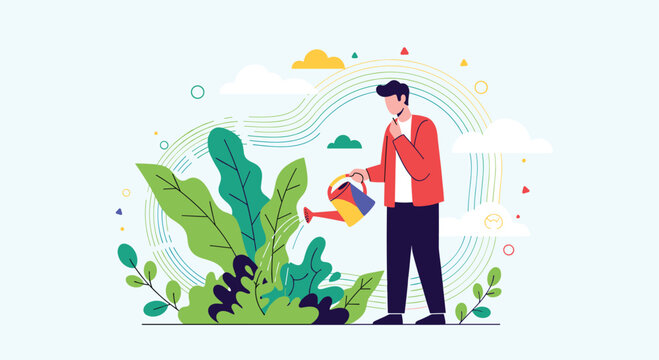 A man in a red jacket thoughtfully waters a large group of plants symbolizing personal growth investment and self-care.