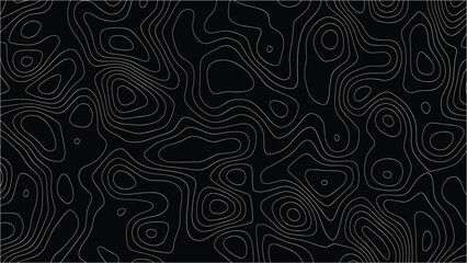 Topographic map pattern with thin white contour lines on a solid black background representing elevation changes and terrain geography in a minimalist style © VxGFX