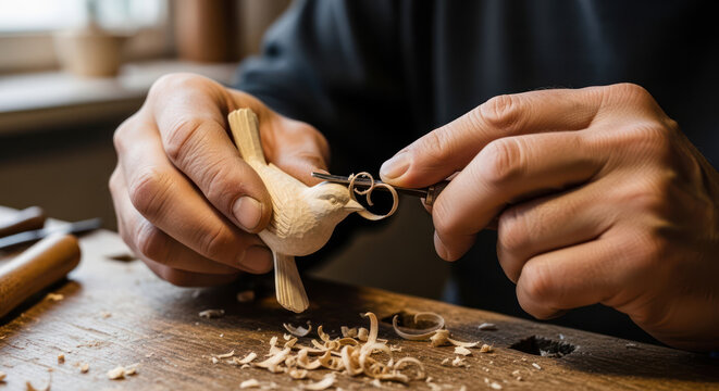 Woodcarver meticulously shaping a bird figurine with precision.