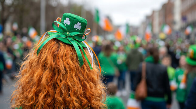 Woman with red hair wearing a green st patricks day hat in a parade