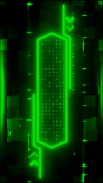 A neon green, geometric shape glows against a dark background, with digital patterns and glitch effects, creating a futuristic, tech-inspired visual.