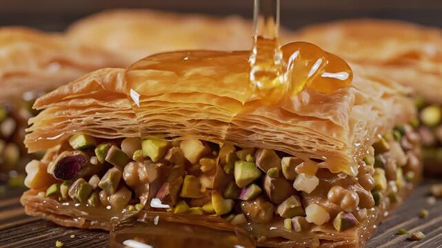 Delicious Honey Drizzled Over Pistachio Baklava Dessert CloseUp.