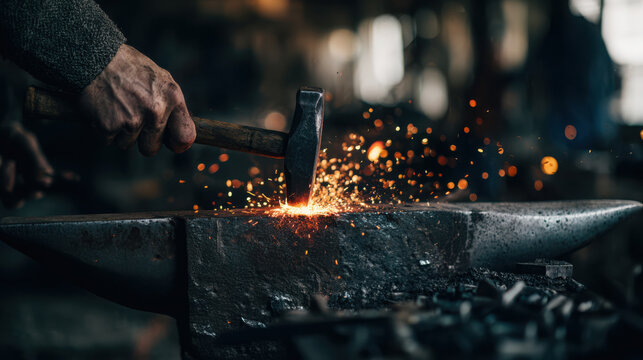 A blacksmith hammering on an anvil with sparks flying everywhere in a workshop