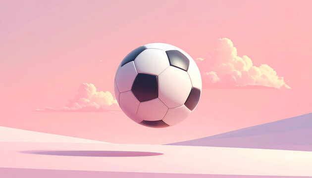 Een voetbal zweeft tegen een roze hemel.