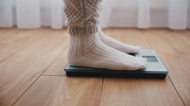 Close up person legs bare feet stepping onto weighing scale at home. Healthy lifestyle weight awareness concept. man weight lose standing on scales measure weight. Fitness diet BMI teen male slimming.