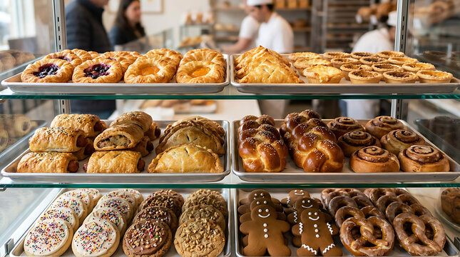 Assortment of pastries and baked goods in a bakery display case
