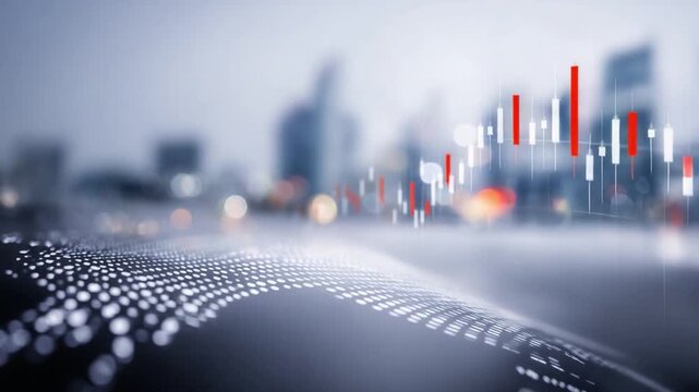 Financial Market Data Visualization: Abstract visualization of financial data, with glowing digital wave patterns and a blurred cityscape in the background.