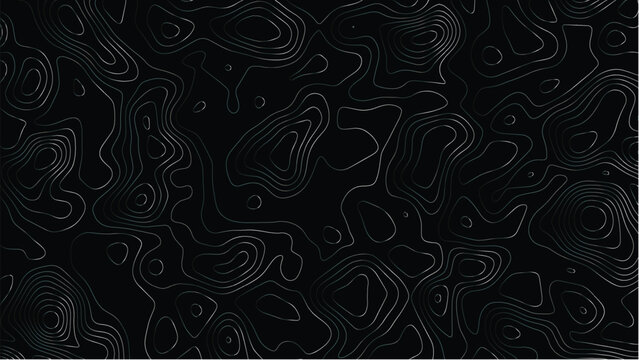 Topographic map lines forming a black and white abstract pattern of concentric shapes and flowing contours representing elevation data or geological terrain mapping