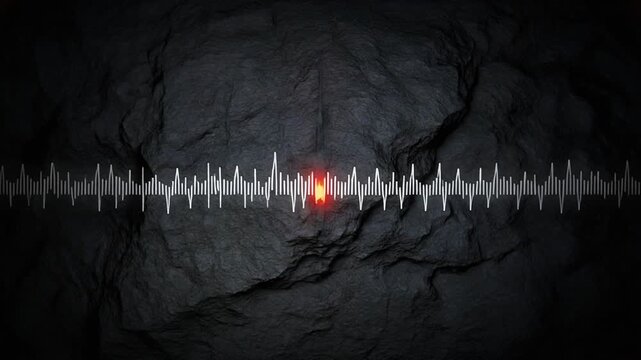 Glowing digital sound wave pulse moving across a dark textured stone surface in this high quality seamless 4k motion video clip for modern broadcast media projects