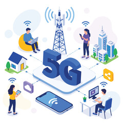 Naklejka premium Illustration of 5G Technology Connecting People through Devices in a Modern Urban Environment