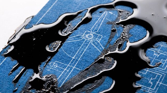 Thick crude oil spilled over a blueprint of a wind turbine, illustrating fossil fuel interference, environmental setbacks, and the struggle for renewable energy transition