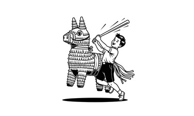 Obraz premium Happy Boy Hitting Llama Pinata at Festive Birthday Party