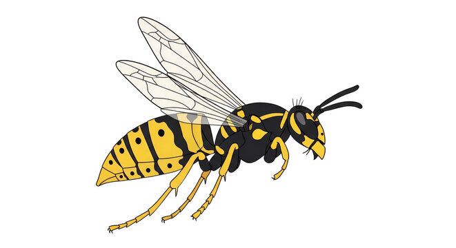 Side View of Yellowjacket Wasp with Black and Yellow Stripes and Transparent Wings Isolated on White Background