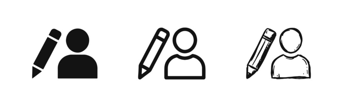 User Profile Edit and Person with Pencil Icon Set in Solid, Outline, and Sketch Styles