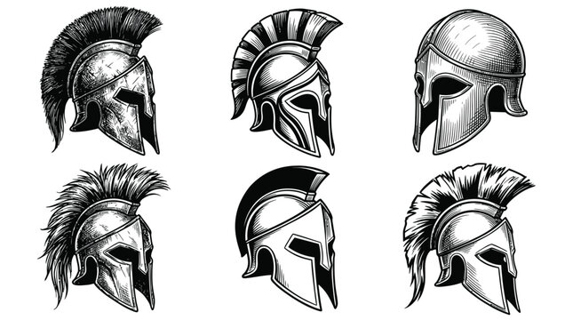 Spartan and Roman Warrior Helmet Collection Hand Drawn Ancient Military Armor Sketches for History and Gaming