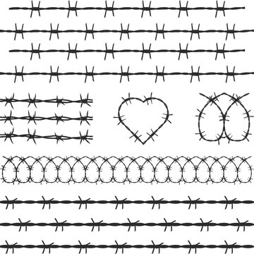 Barbed Wire Fence Elements Collection Silhouette, Barbed wire clipart, Razor wire Svg, twisted sharp steel fence, Vector Illustration