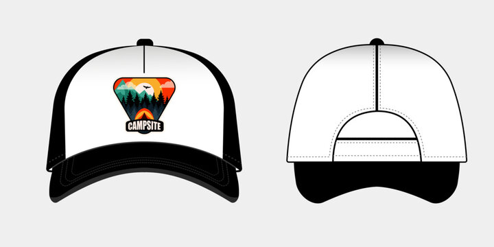 Modern camping trucker cap mockup with outdoor adventure patch design
