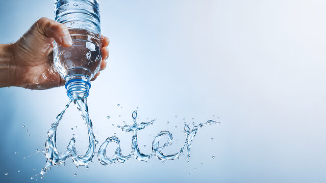 Close Up Male Hand Holding Upside Down Water Bottle With Splash Forming Water Text Mockup