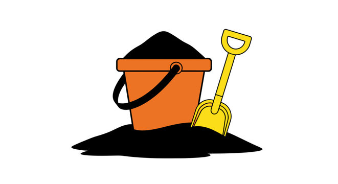 Orange bucket and yellow shovel with black sand flat vector illustration