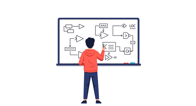 Software Developer Drawing Complex System Architecture and Flowchart on Whiteboard
