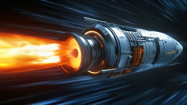 Futuristic rocket launching through space with fiery exhaust.