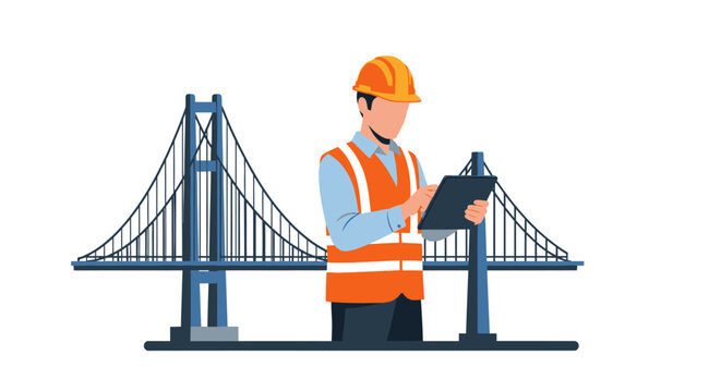 Civil engineer in hard hat using tablet with suspension bridge background. Vector illustration of construction worker on bridge site.