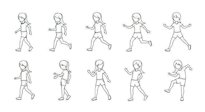Minimalist girl character animation walk cycle, line art female figure running and dancing poses, 10 vector motion sequence frames for storyboard