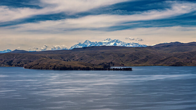 A view of the snow-capped Andes at Lake Titicaca near Copacabana, Bolivia