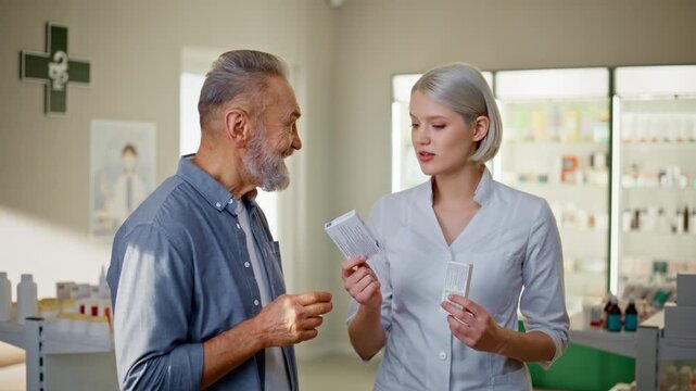 Pharmaceutical consultant guiding client optimistic dialogue in pharmacy closeup