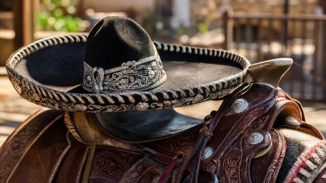 charro. An ornate Mexican charro hat resting on a leather saddle. event programs, museum guides, cultural reports, designed for cultural heritage projects and event programs, used by professors.