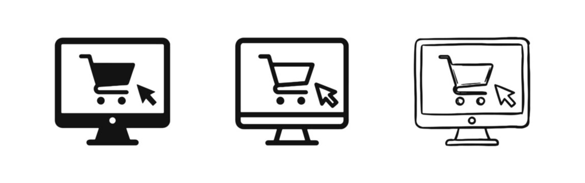 Computer monitor with shopping cart icon, online store and e-commerce concept symbol.