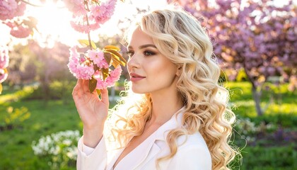 Naklejka premium Woman with flowing blonde hair holding blossoming pink branch with sunlight
