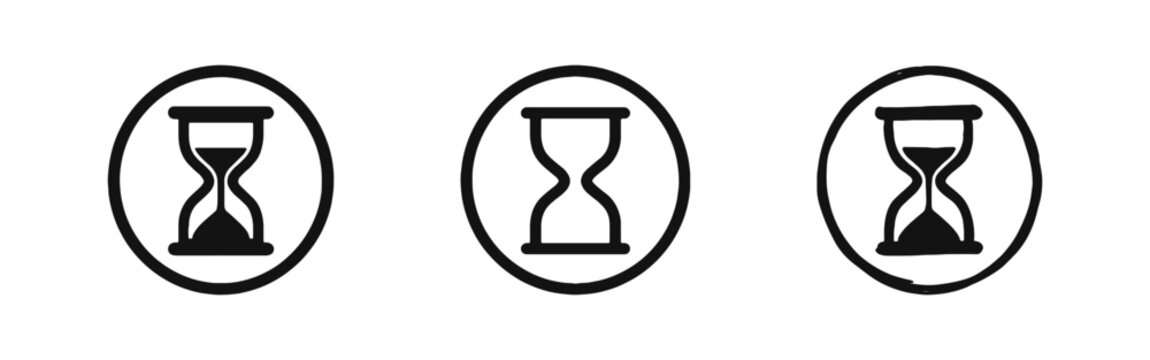 Hourglass in circle icon, time waiting and countdown symbol set.