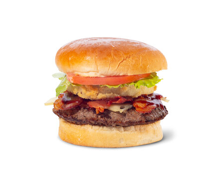 Bacon cheeseburger with lettuce, tomato, onion and sauce isolated on white background