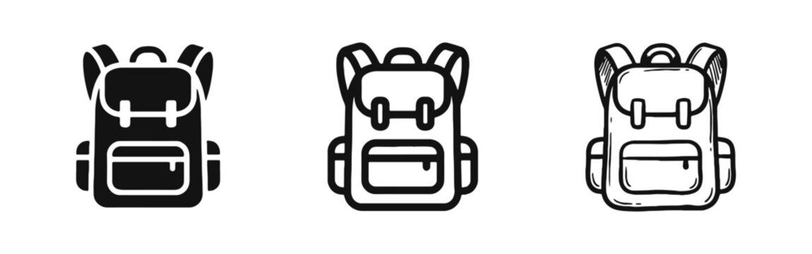 Backpack icon set, travel, school and adventure bag symbol.