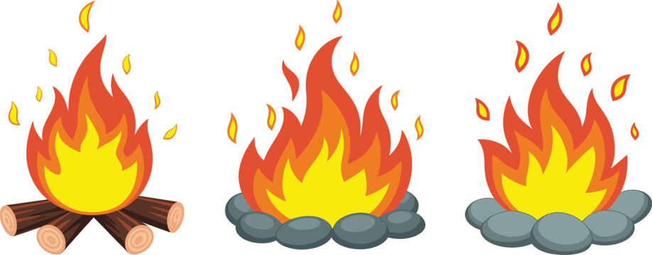Set of three campfire vector illustrations featuring glowing orange flames on wooden logs and inside grey stone rings, outdoor camping and adventure travel design, clean modern flat style.
