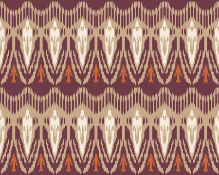 Traditional Central Asian Ikat Seamless Pattern: Ethnic Adras Textile Ornament in Maroon and Ochre for Bohemian Interior and Fashion Design
