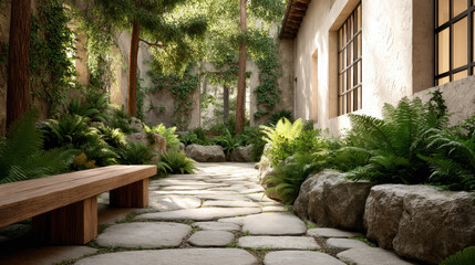 Obraz premium Serene Inner Courtyard Mockup Lush Greenery Stone Pathways