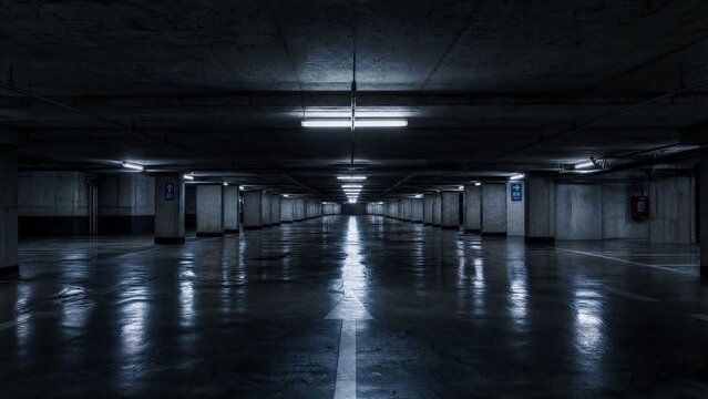 epilogue. An empty underground concrete parking garage with long perspective and harsh fluorescent lighting. real-estate listings.