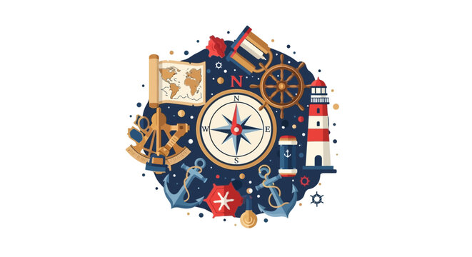 Nautical Navigation Vector Illustration featuring Compass, Lighthouse, Anchor, and World Map for Adventure and Maritime Themes