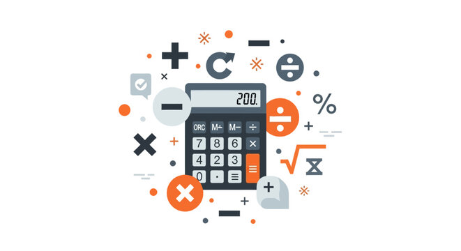 Flat Vector Illustration of a Digital Calculator with Mathematical Symbols for Finance, Business, and Education Concepts