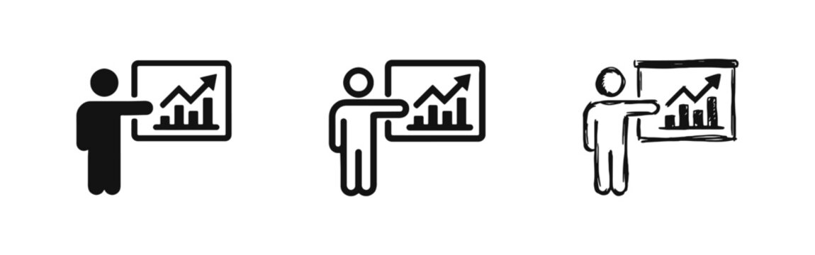 Person presenting business chart icon, teacher and training symbol set.