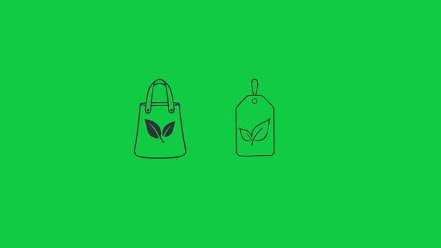 Eco-Friendly Shopping Bag and Tag with Leaf Design on Green Background.
