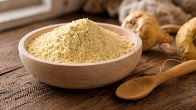 maca. A shallow wooden bowl filled with fine pale yellow maca powder and a spoon. menu design, packaging mockups, designed for culinary blogs and recipe cards for restaurants.