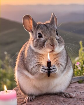 A  viscacha rat genetic hybrid experiment  fantasy animal, fictional species  in a spring ridge holding a candle